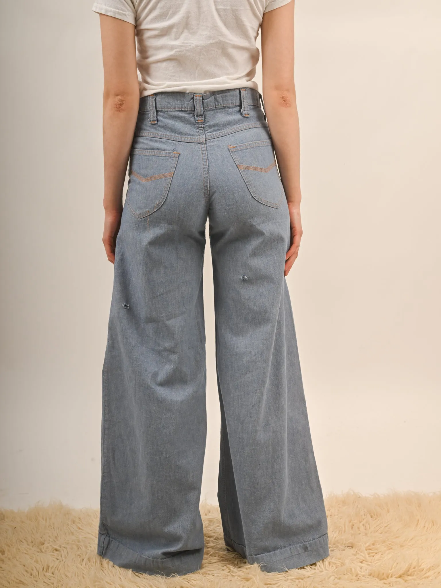 1970s High Waisted Light Wash Denim Big Blue Bellbottoms