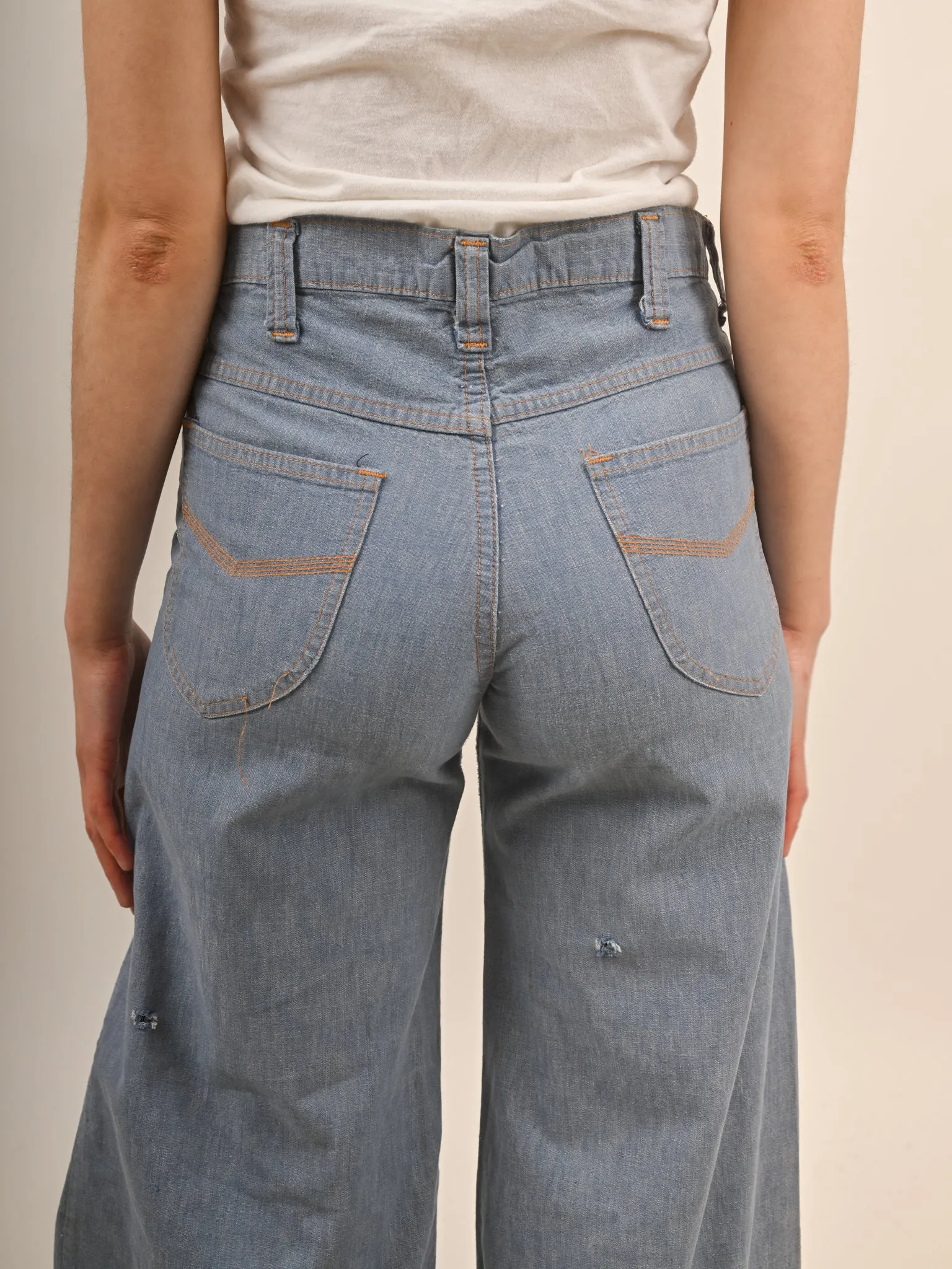 1970s High Waisted Light Wash Denim Big Blue Bellbottoms