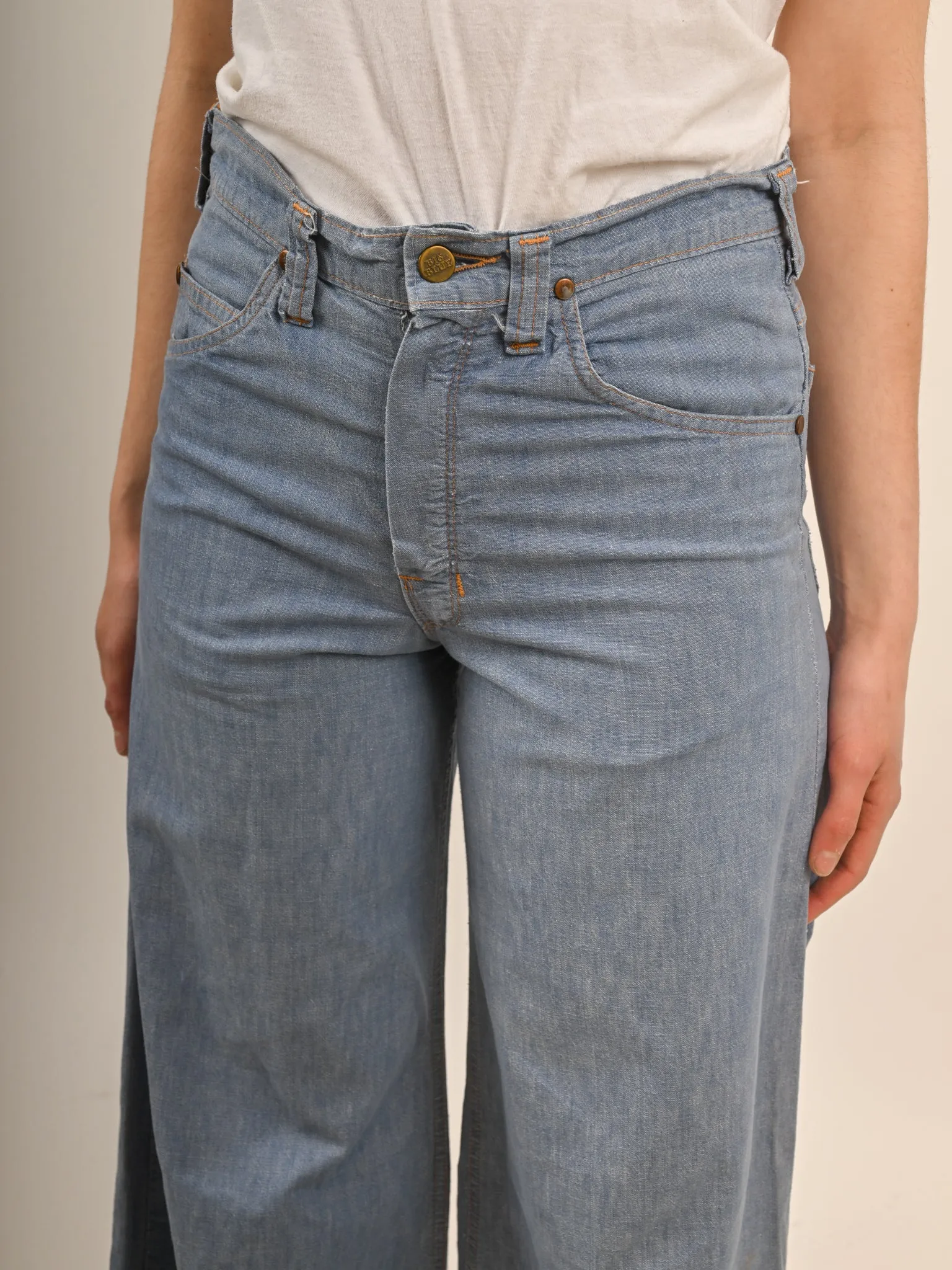 1970s High Waisted Light Wash Denim Big Blue Bellbottoms