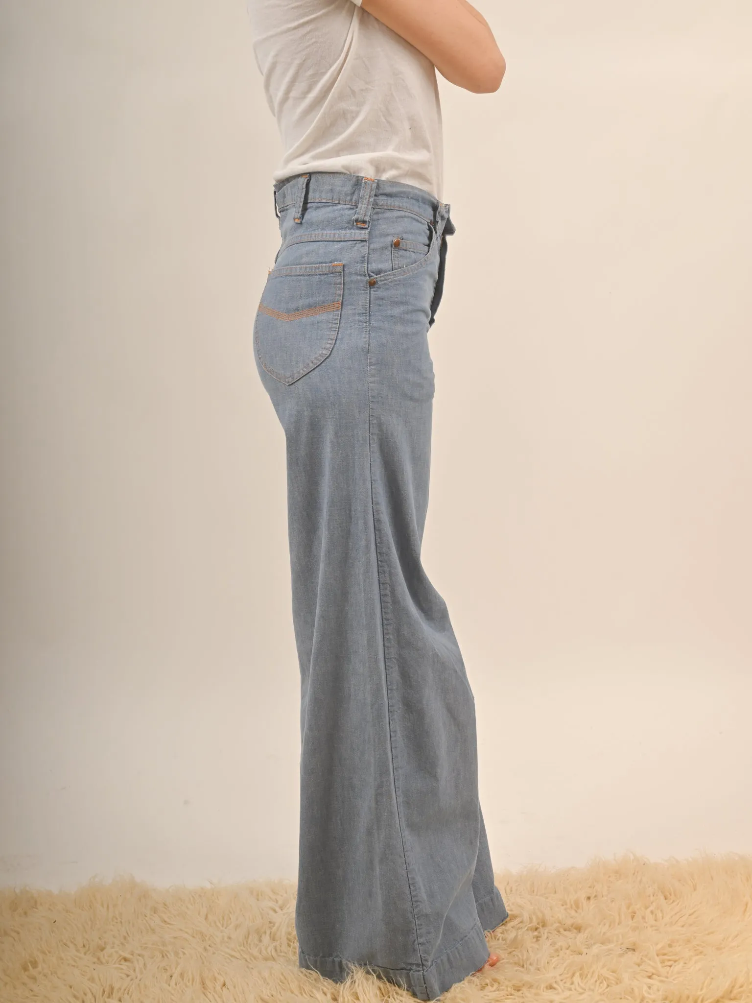 1970s High Waisted Light Wash Denim Big Blue Bellbottoms