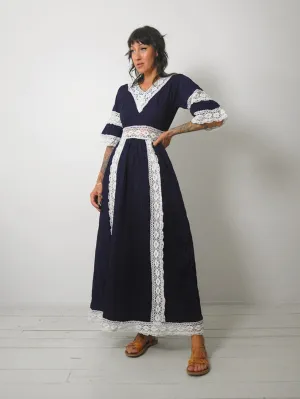 1970's Navy Crochet Pintuck Dress