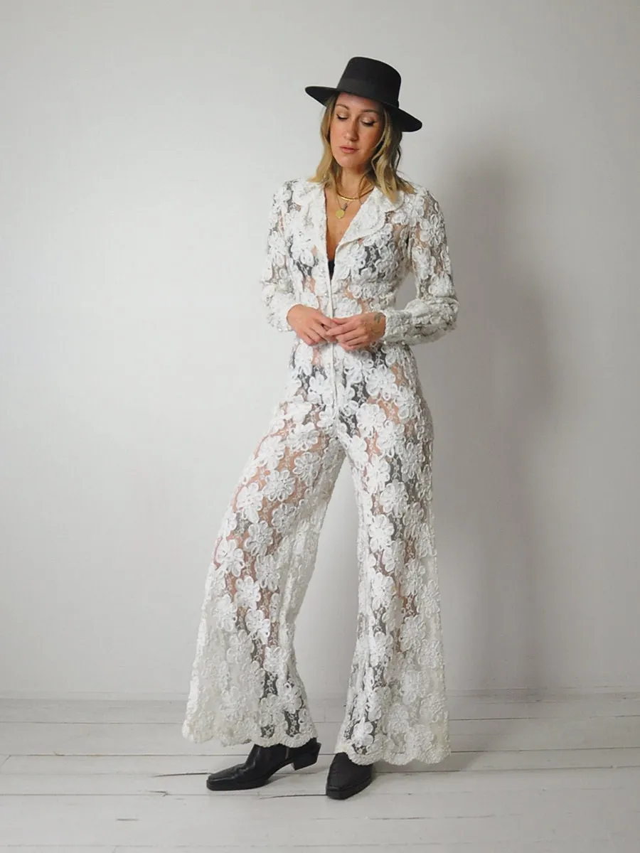 1970's Sheer Lace Flared Jumpsuit