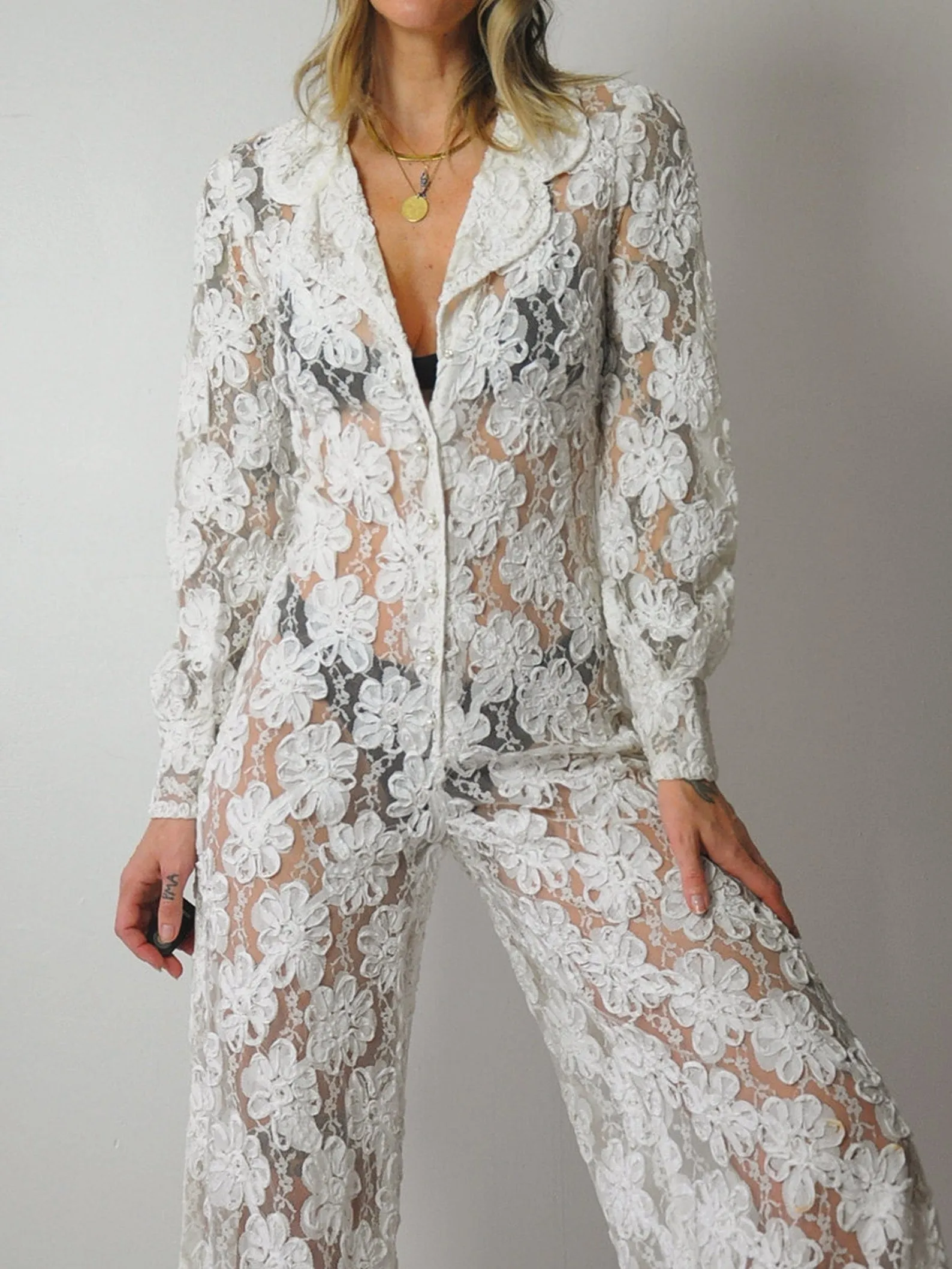 1970's Sheer Lace Flared Jumpsuit