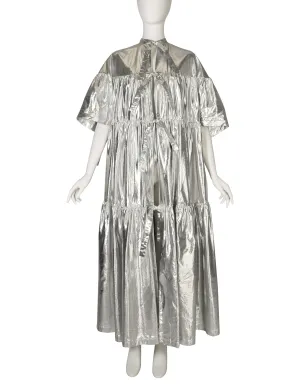 1980s Vintage Metallic Silver Lame Tiered Tie Front Duster