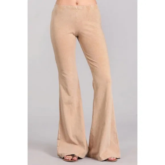 Beige Boho Mineral Wash Flared Bell Bottom Stretch Pull On Pants Womens