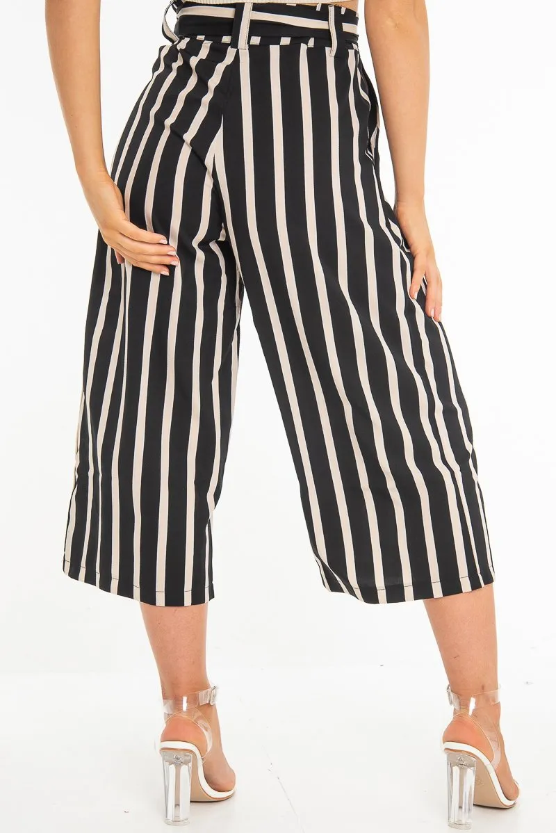 Black Beige Stripe Tie Front Culotte Trousers - Kaden