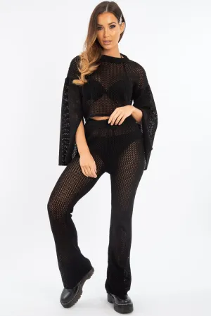 Black Fishnet Crop Jumper Wide Leg Trouser Co-ord - Haddie