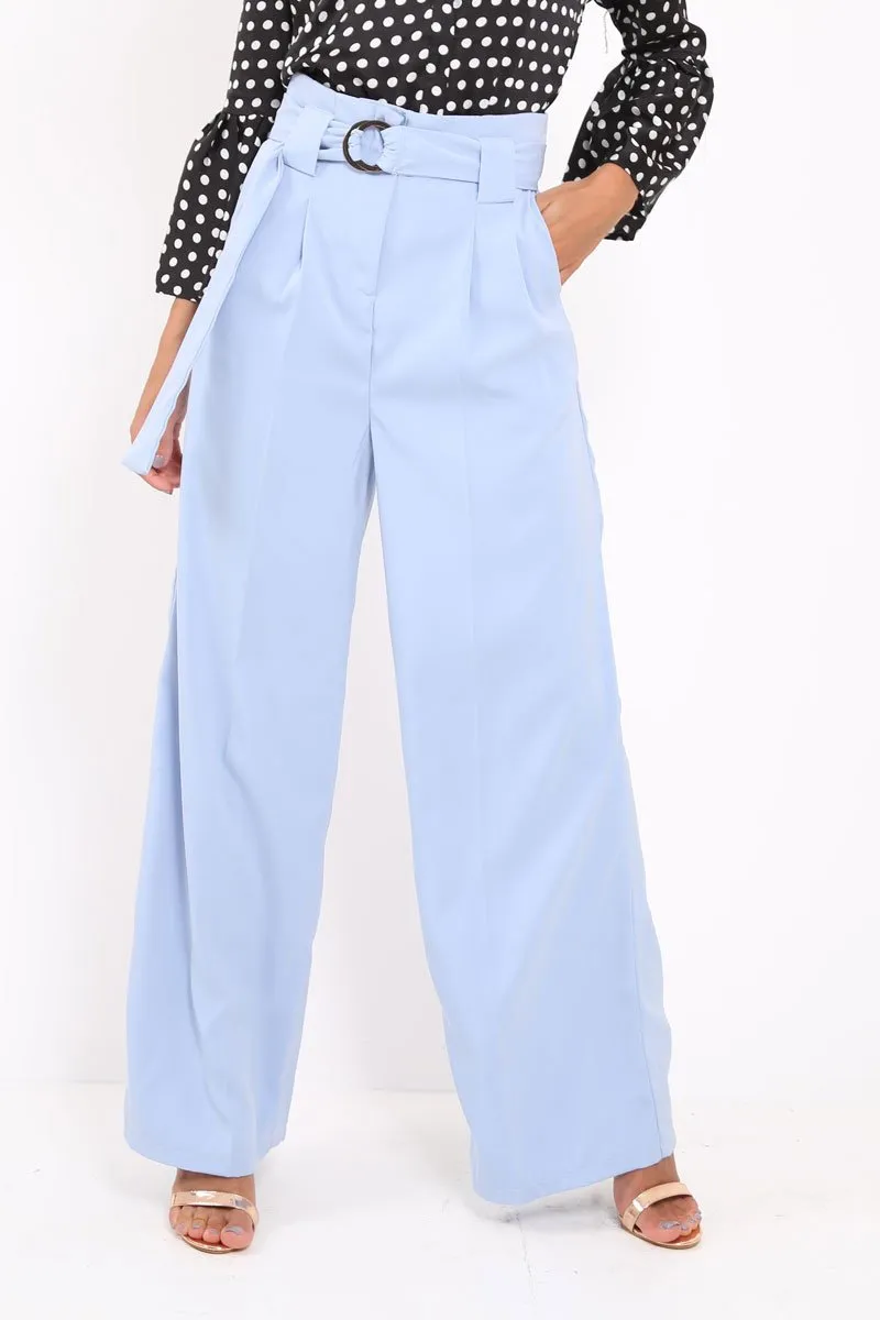 Blue Belted High Waist Wide Leg Trousers - Elianny