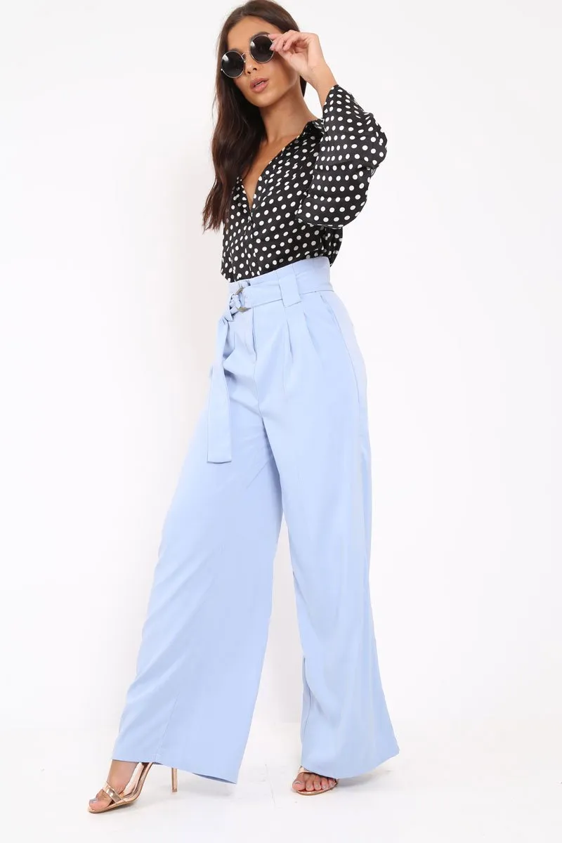 Blue Belted High Waist Wide Leg Trousers - Elianny