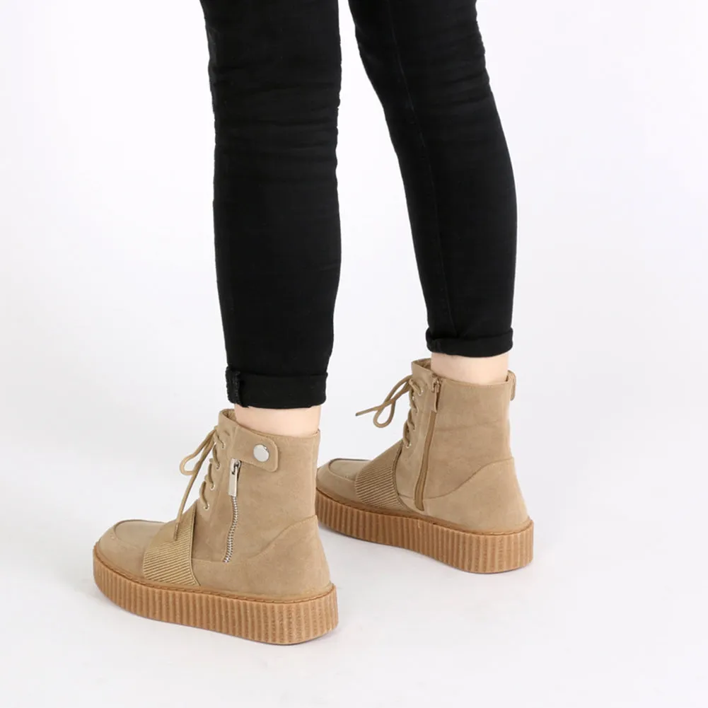 Christa Strap Detail Hi Top Creepers in Taupe Faux Suede