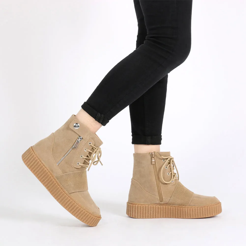 Christa Strap Detail Hi Top Creepers in Taupe Faux Suede