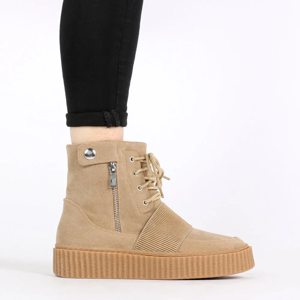 Christa Strap Detail Hi Top Creepers in Taupe Faux Suede