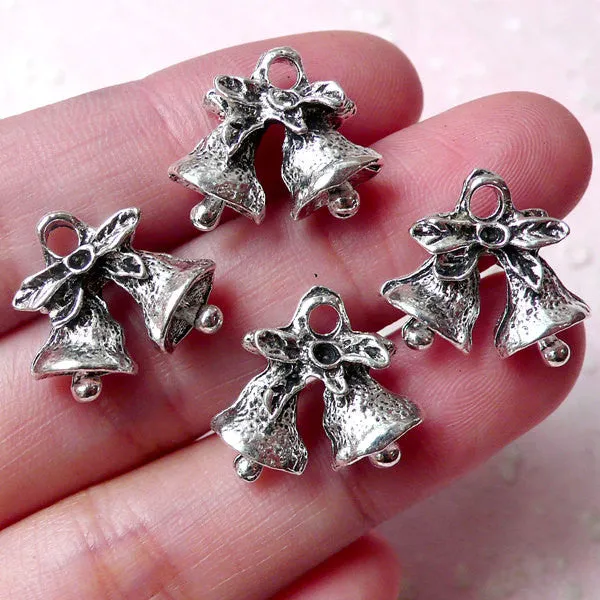 CLEARANCE 3D Christmas Bell Charms (4pcs / 17m x 15mm / Tibetan Silver / 2 Sided) Christmas Ornament Miniature Christmas Tree Decor Wine Charm CHM962