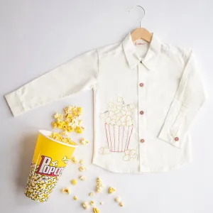 Cotton Full Sleeves Shirt for Kids | Popcorn Embroidered | White