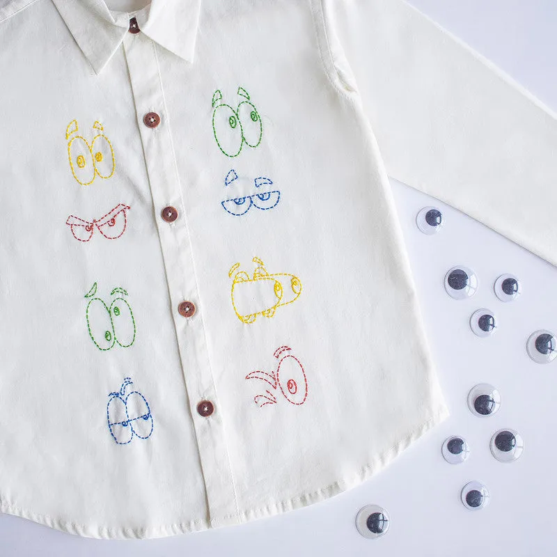 Cotton Shirt for Kids | Colourful Emoji Eyes Embroidered | Full Sleeves | White