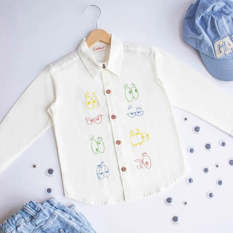 Cotton Shirt for Kids | Colourful Emoji Eyes Embroidered | Full Sleeves | White