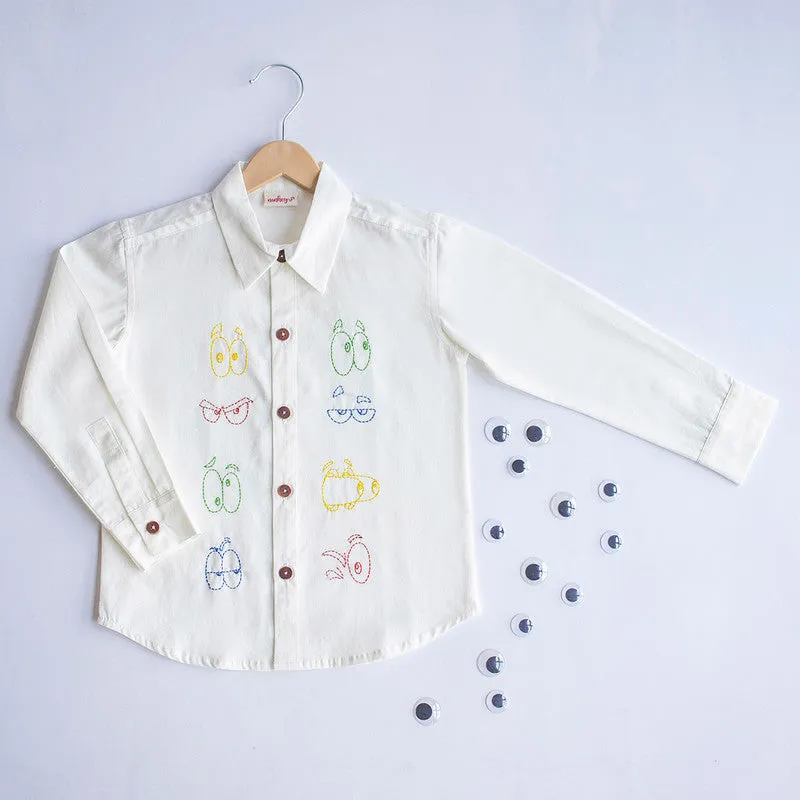 Cotton Shirt for Kids | Colourful Emoji Eyes Embroidered | Full Sleeves | White