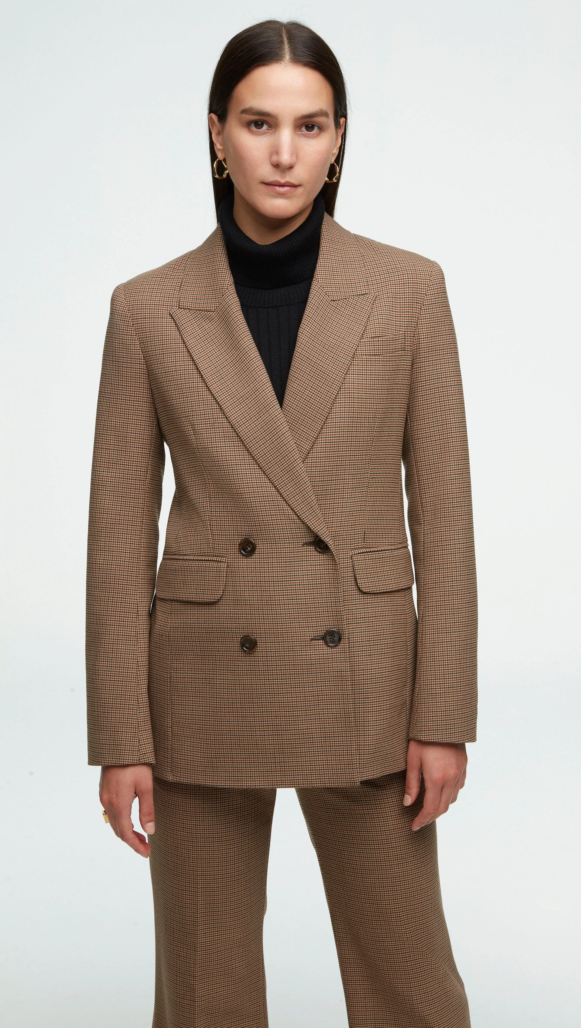 Double-Breasted Blazer in Stretch Wool | Brown Houndstooth