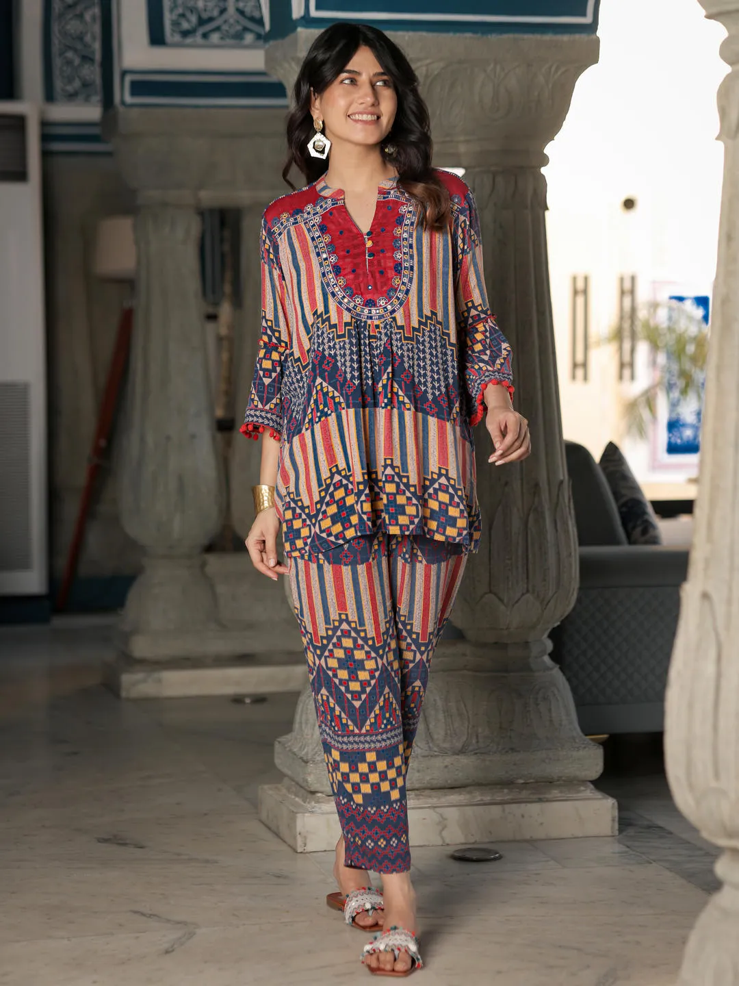 Jashvi Red Abstract Printed Rayon Co-Ord Set With Mirror Work & Thread Embroidery