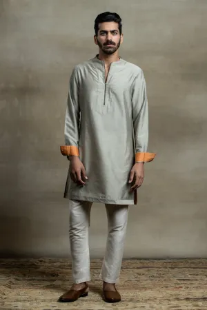 Light Grey Extended Collar Kurta With Jaali Detailing