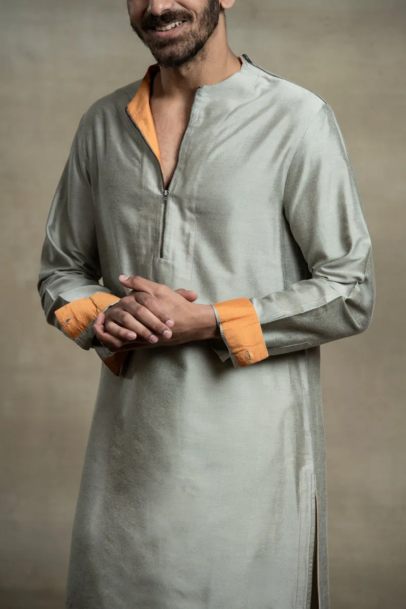 Light Grey Extended Collar Kurta With Jaali Detailing