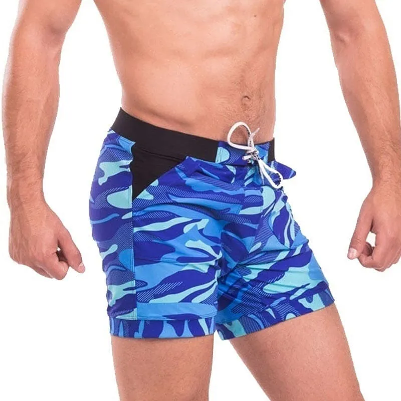 Men Slant Pockets Camo Print Drawstring Swim Trunks