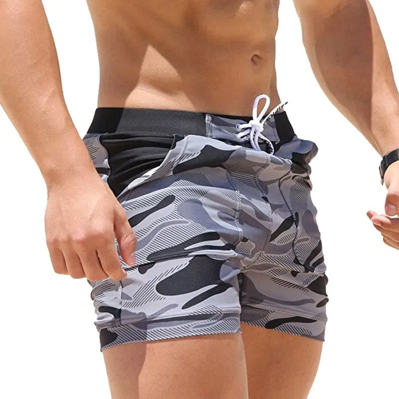 Men Slant Pockets Camo Print Drawstring Swim Trunks