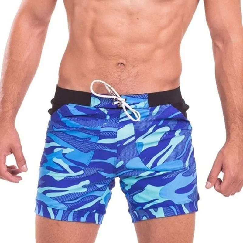 Men Slant Pockets Camo Print Drawstring Swim Trunks