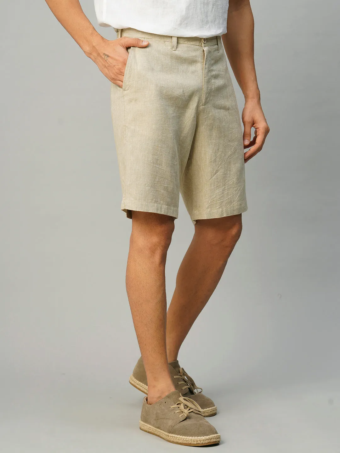 Men's Khaki Linen Viscose Regular Fit Shorts