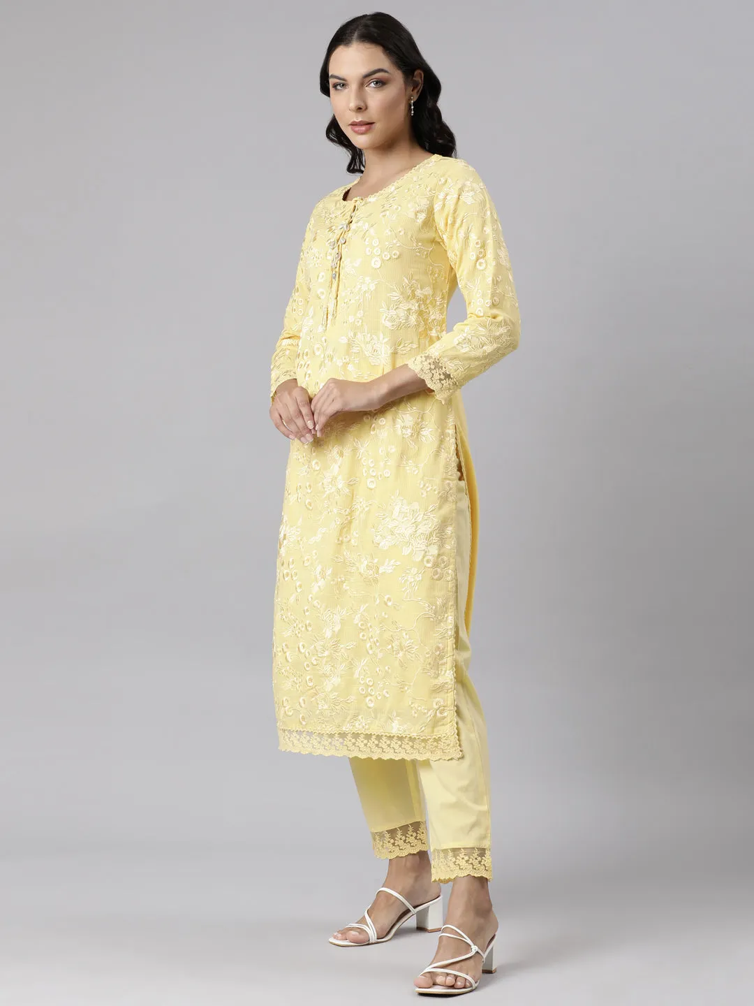 Neerus Yellow Panelled Straight Yoke Design Kurta And Trousers With Dupatta