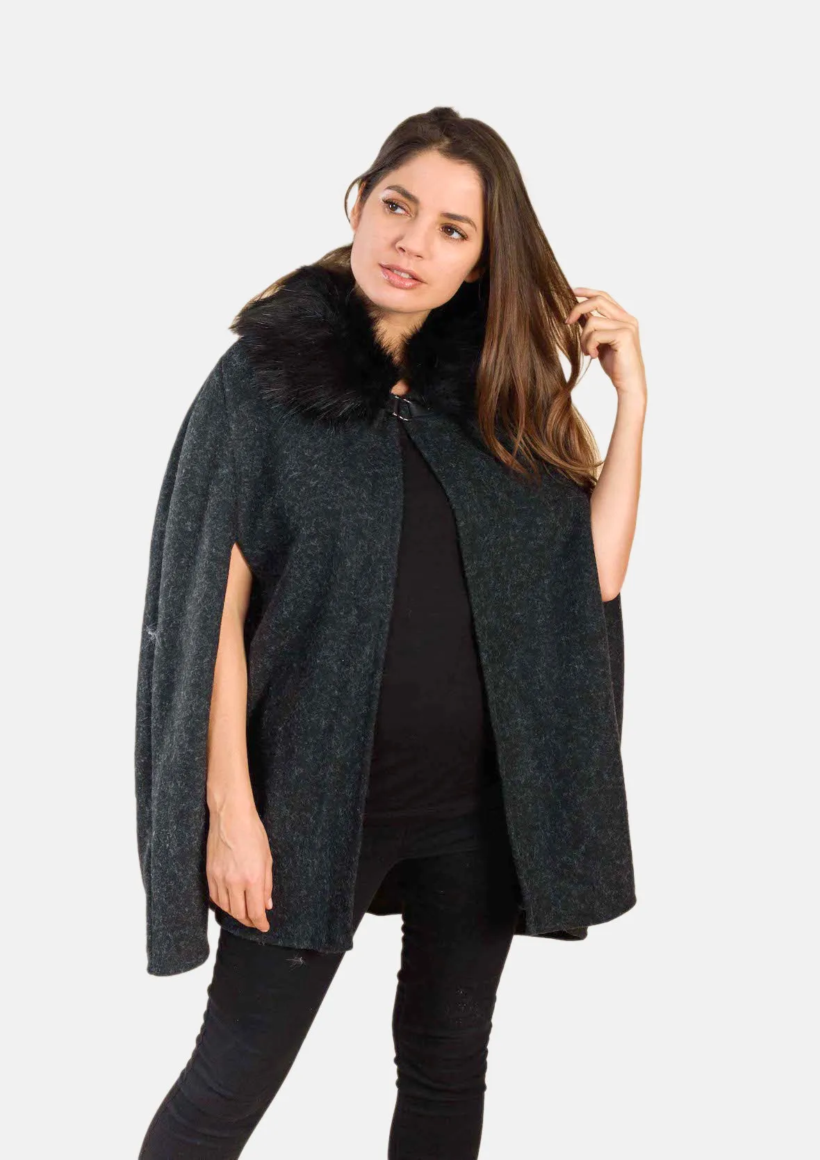 Open Front Faux Fur Collar Cape