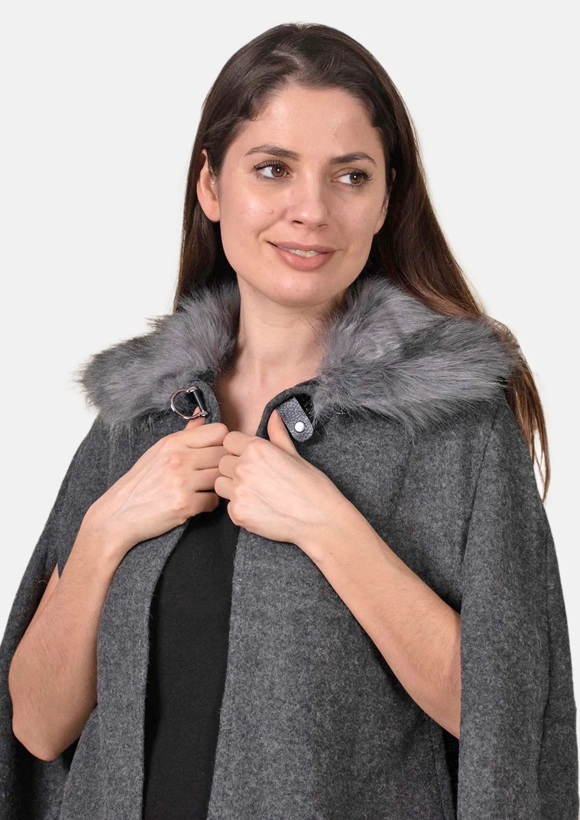 Open Front Faux Fur Collar Cape