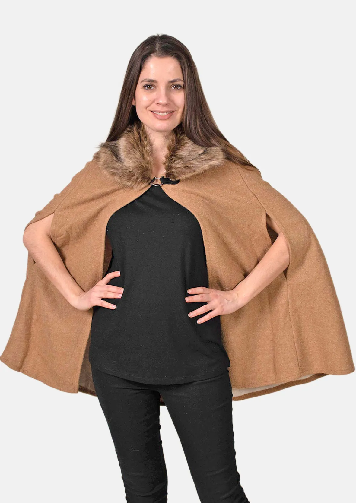 Open Front Faux Fur Collar Cape