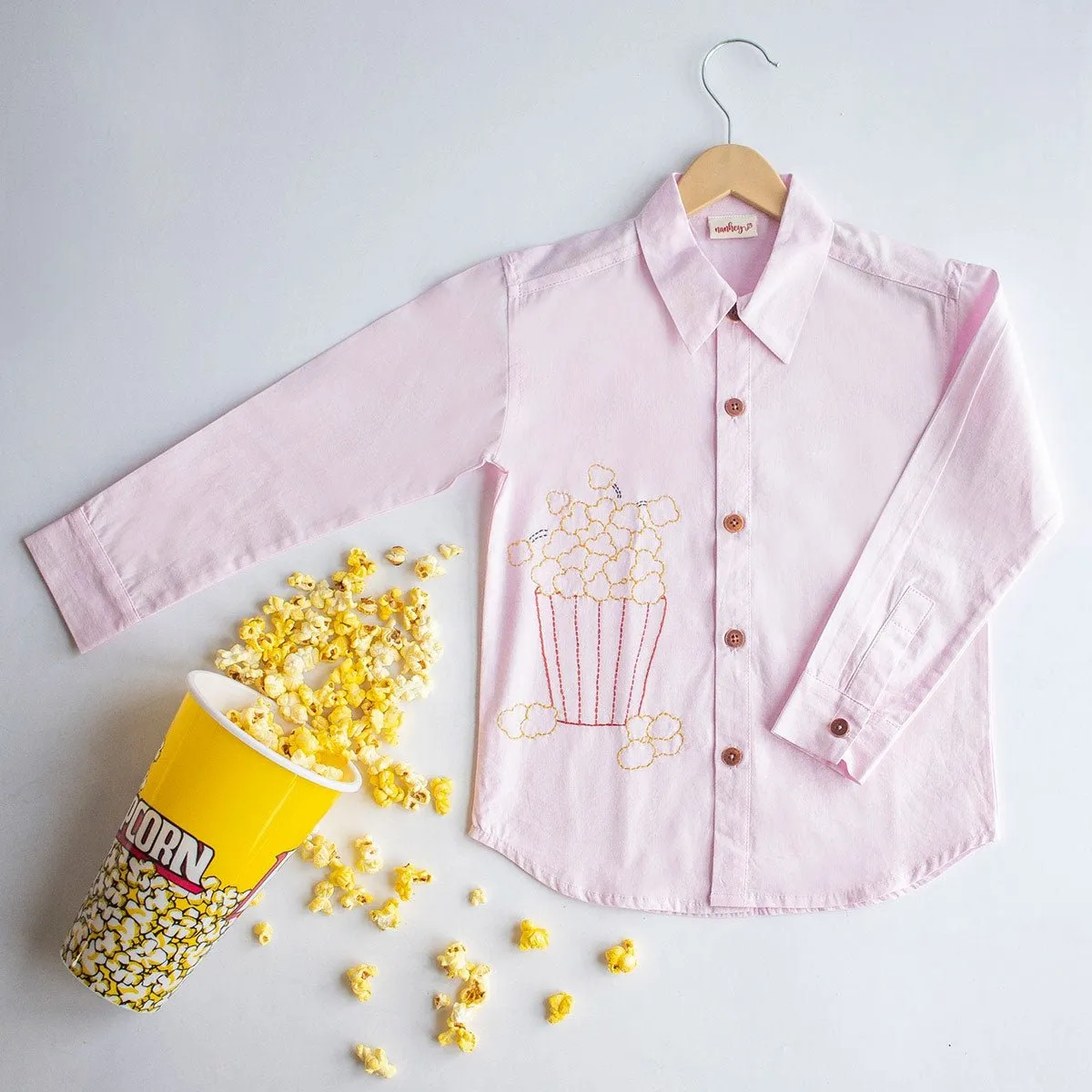 Popcorn Embroidered Unisex Organic Cotton Shirt- Light Pink