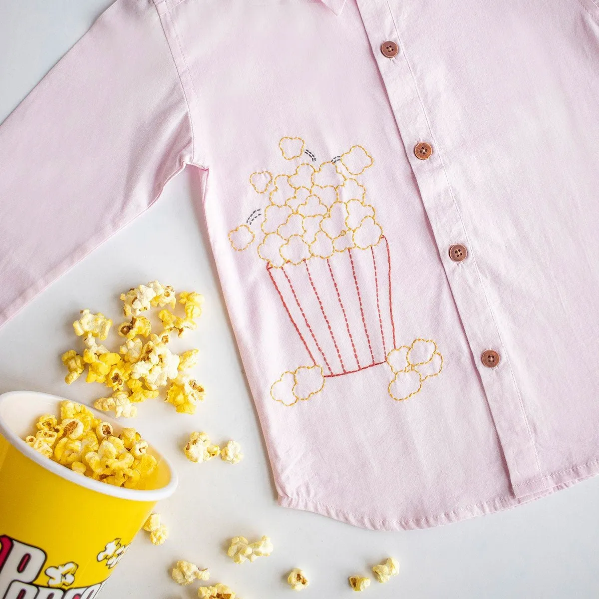 Popcorn Embroidered Unisex Organic Cotton Shirt- Light Pink