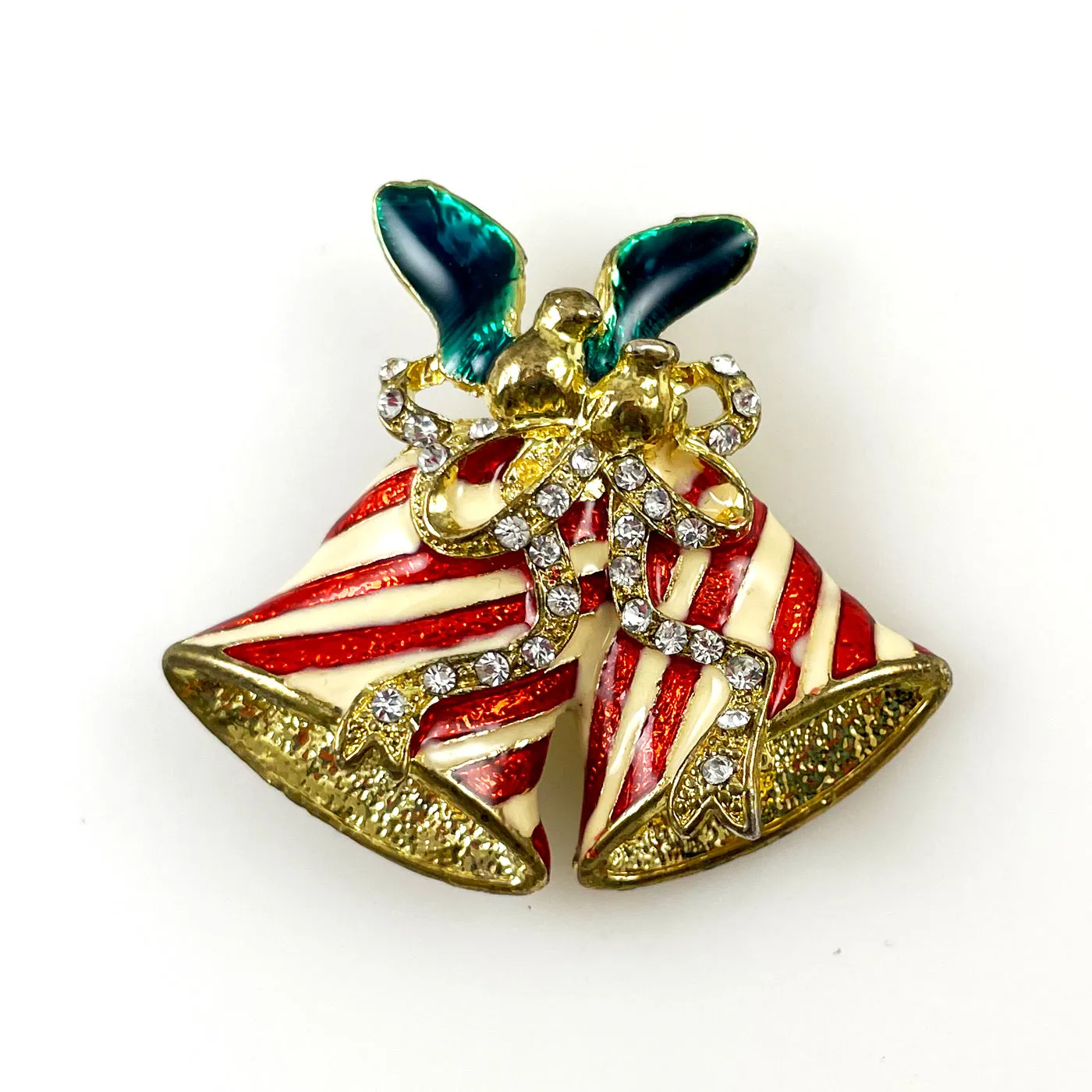 Rhinestone & Enamel Christmas Bells Brooch Holiday Vintage