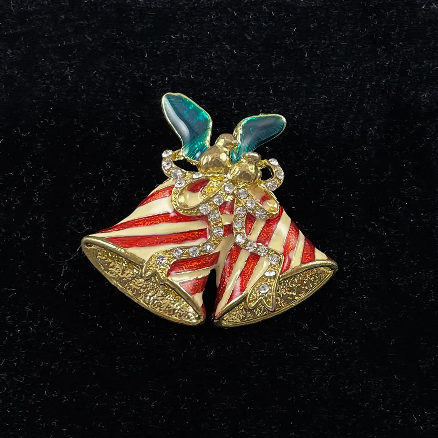 Rhinestone & Enamel Christmas Bells Brooch Holiday Vintage