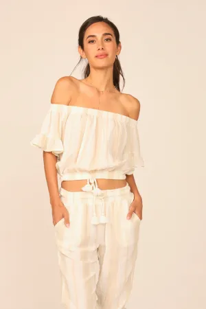 Sand/ Khaki Stripe Gauze Off the Shoulder Top