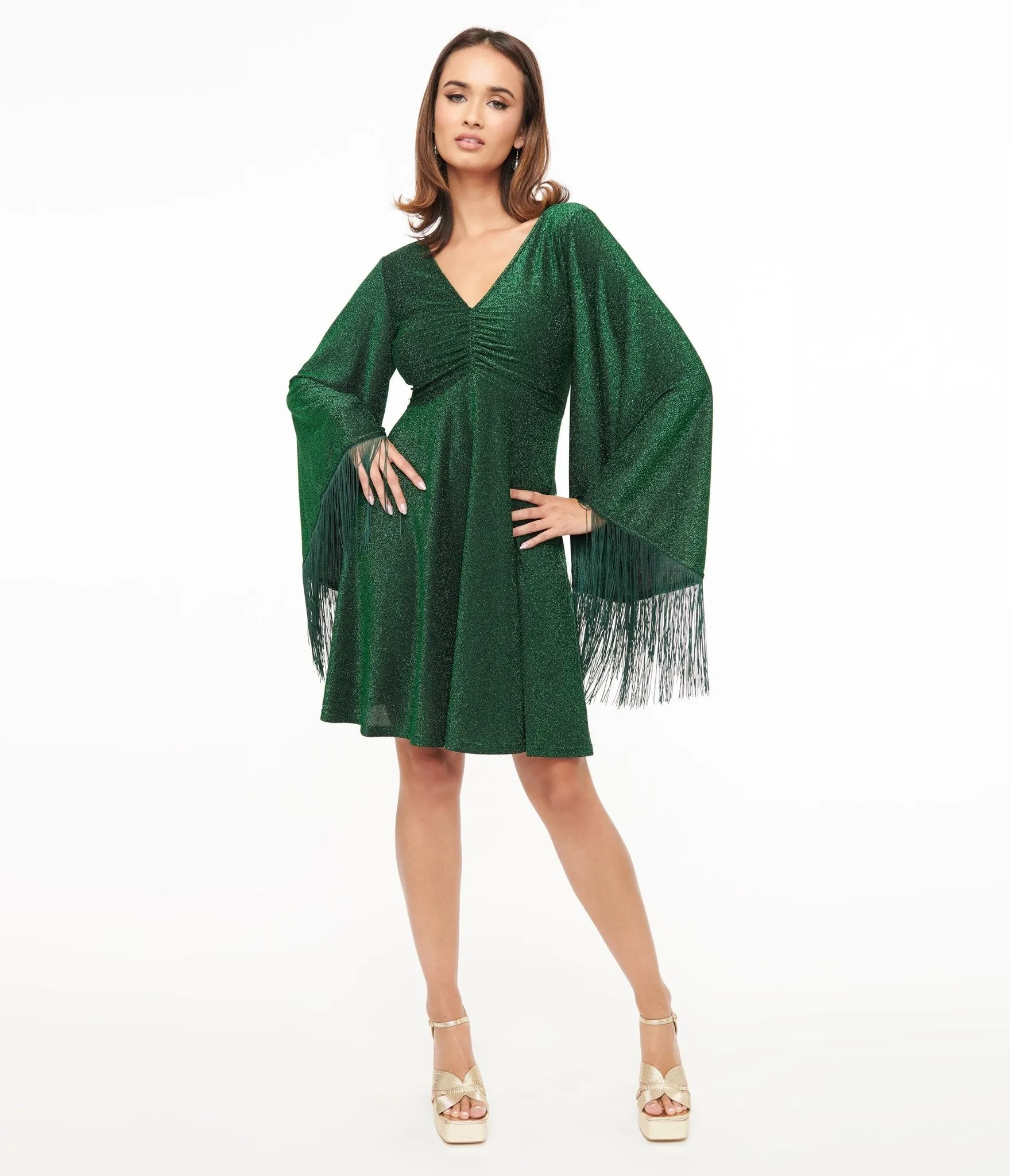 Smak Parlour 1970s Green Sparkle & Fringe Bell Sleeves Dress