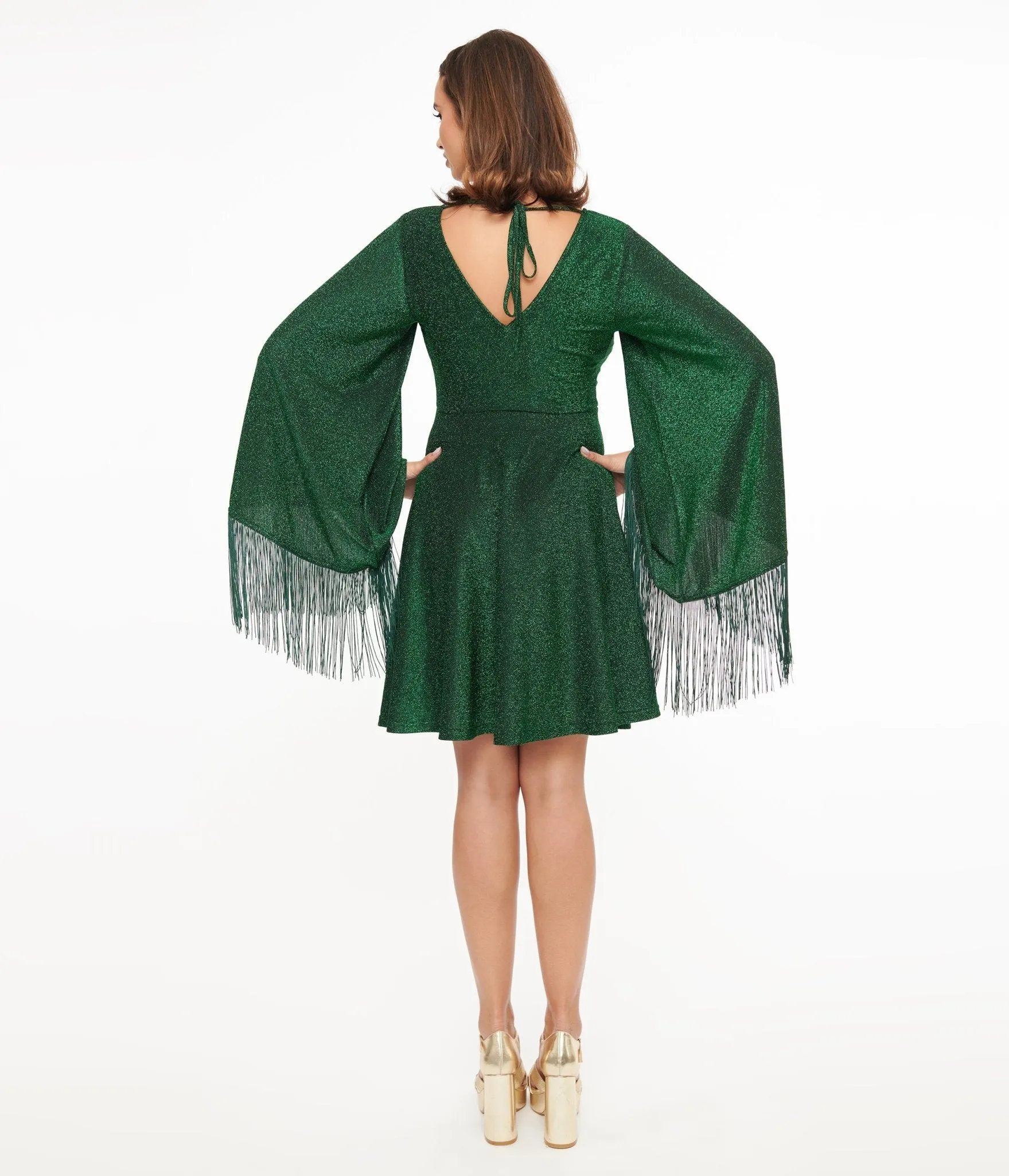 Smak Parlour 1970s Green Sparkle & Fringe Bell Sleeves Dress