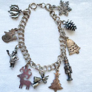 SOLD Vintage Sterling Silver Christmas Charm Bracelet, Santa   10 Charms