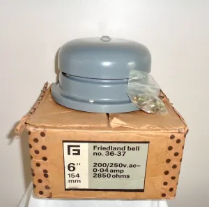 Vintage Friedland Industrial 6 Inch Metal Bell No. 36-37 200/250v 0.04 Amp. New Old Stock