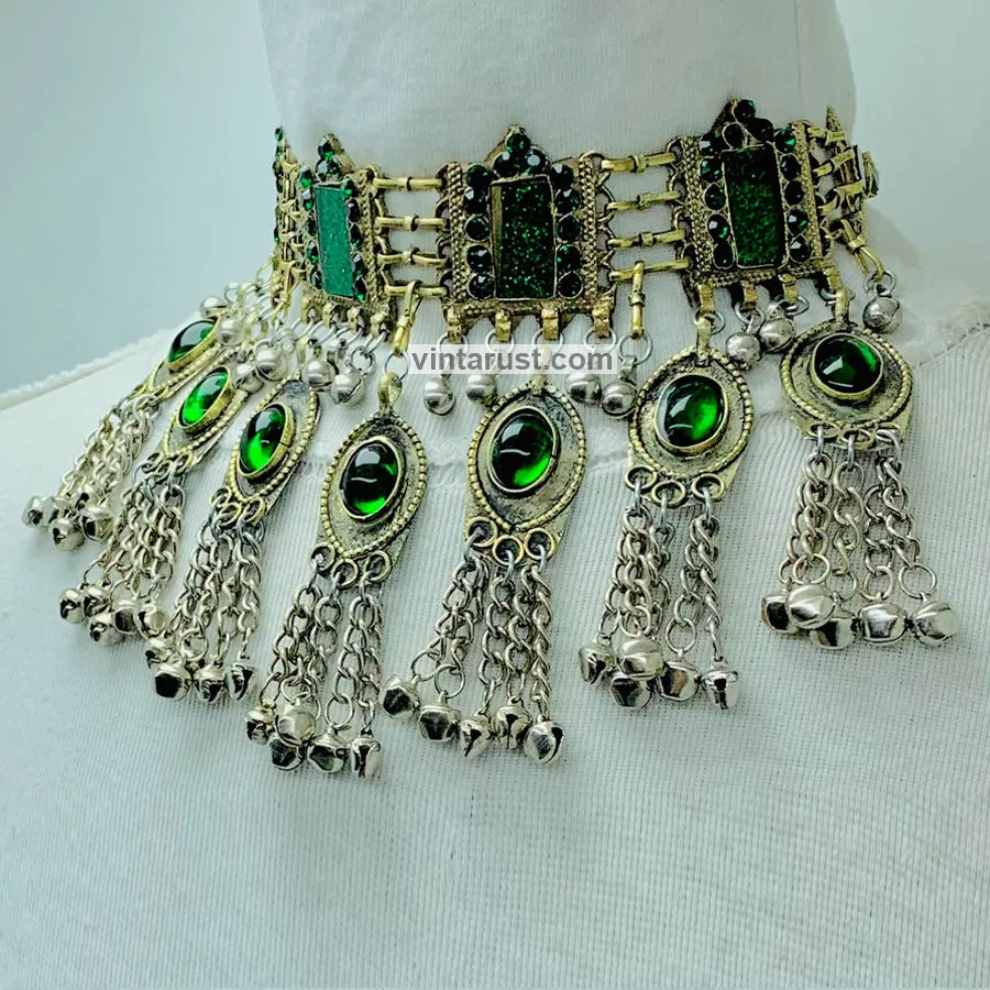 Vintage Green Choker Necklace With Dangling Bells