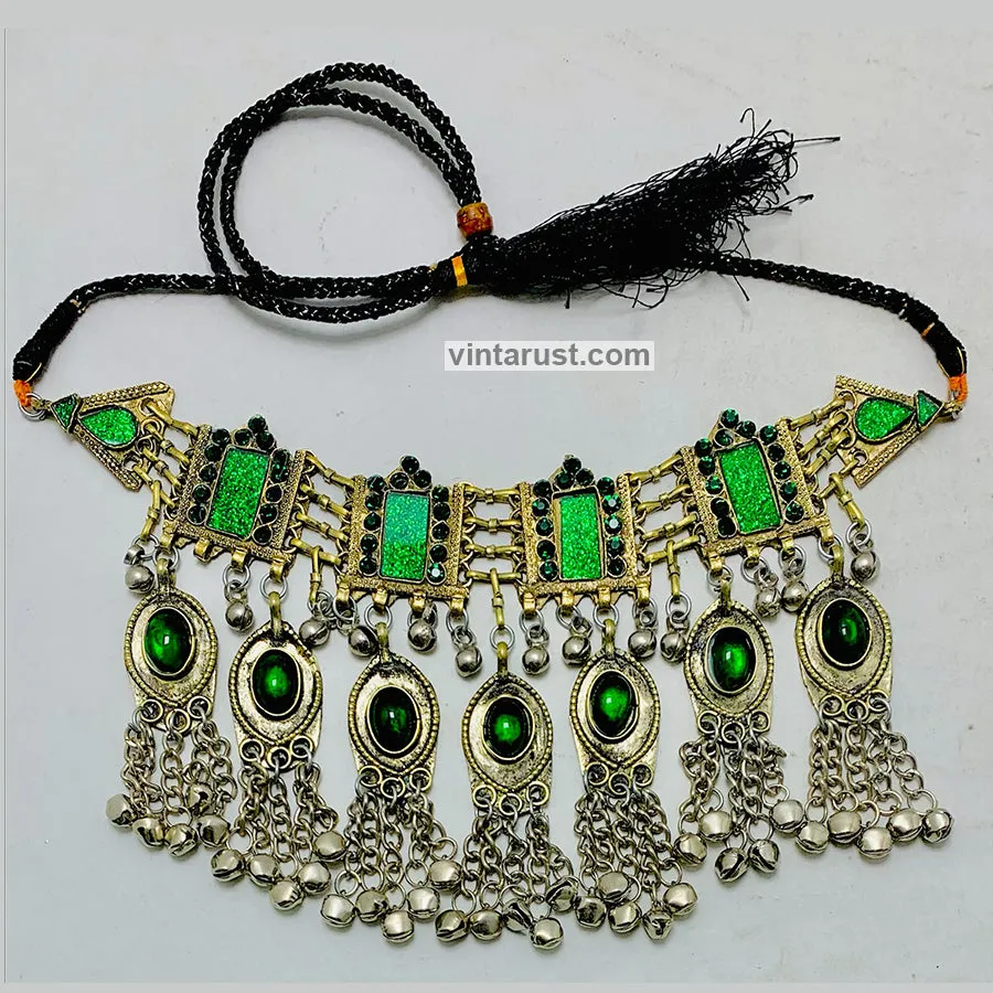 Vintage Green Choker Necklace With Dangling Bells