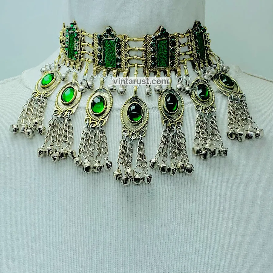 Vintage Green Choker Necklace With Dangling Bells