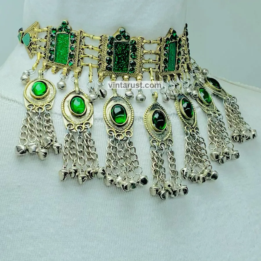 Vintage Green Choker Necklace With Dangling Bells