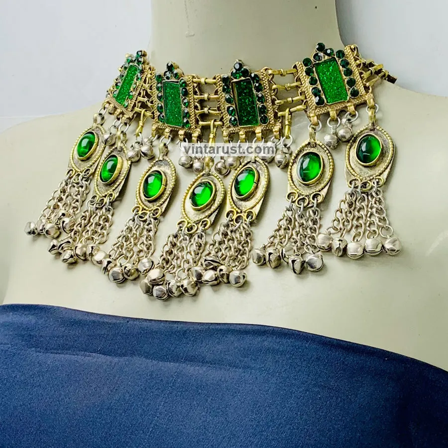 Vintage Green Choker Necklace With Dangling Bells