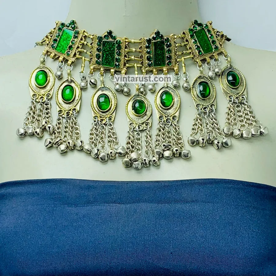 Vintage Green Choker Necklace With Dangling Bells