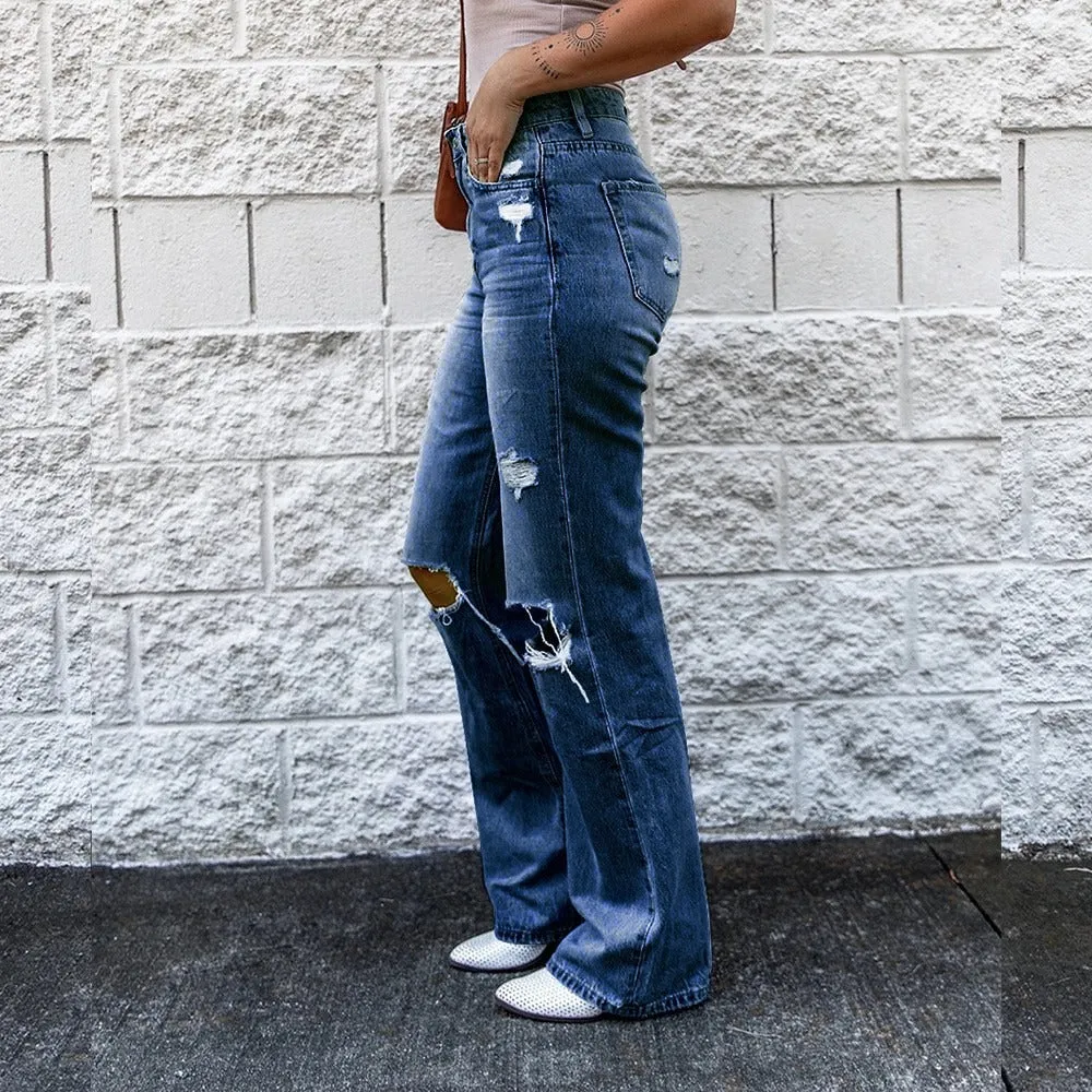 Vintage High Waist Ripped Boot Cut Jeans (Dark/Light Blue)