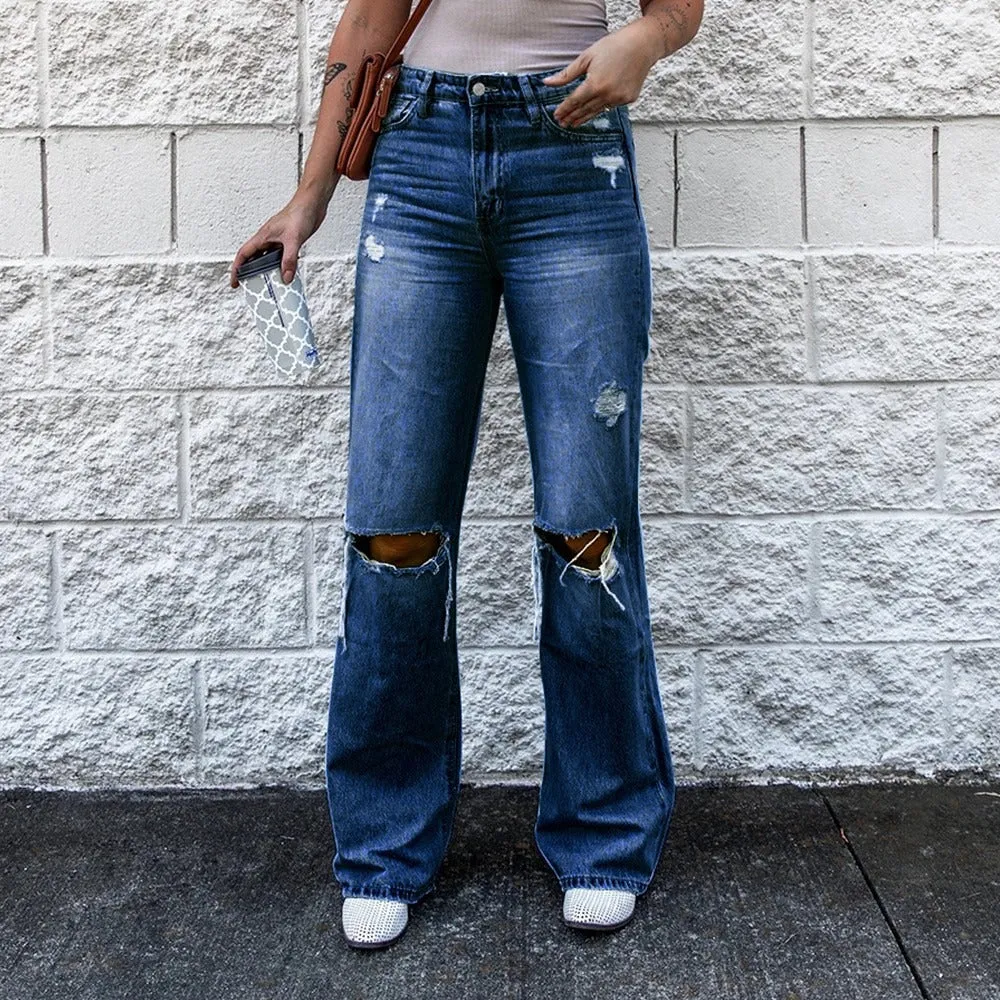 Vintage High Waist Ripped Boot Cut Jeans (Dark/Light Blue)